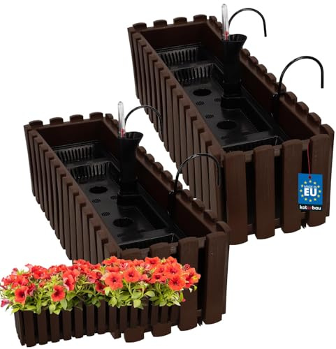 KOTARBAU® 2 st Balkonglåda - Blomlåda Självvattnande - Plast - 58 x 18 x 16 cm - Brun - Blomlåda Balkong - Bevattningssystem - Balkonglåda med Hållare - Planteringslåda