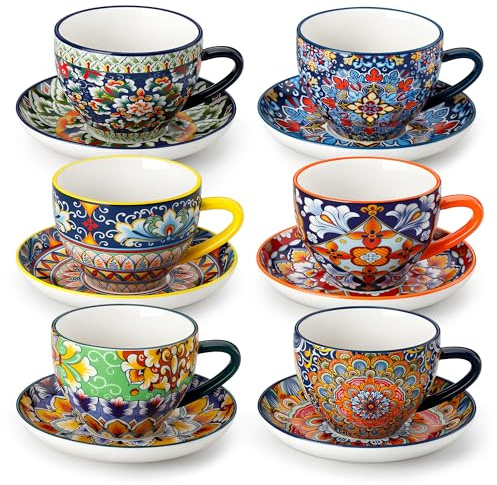 vancasso 8 oz Cappuccino Cups with Saucers Set of 6, Bohemian Ceramic Coffee Cup for Latte, Tea, Espresso, Microwave & Dishwasher Safe - Porcelain Latte Mugs for Kitchen or Cafe