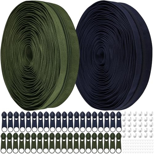 Cremallera sin fin con cremallera, 5 mm de nailon de 18 m, cremallera continua por metros y cremallera de metal para ropa, bolso, estuche, ropa de cama, color crema (verde militar y azul marino, #5)