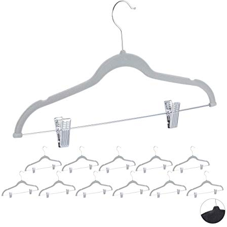 Relaxdays Grucce in Velluto con Pinze Set 12, Gancio Girevole 360°, per Pantaloni e Camicie, Antiscivolo, 43 cm, Grigie