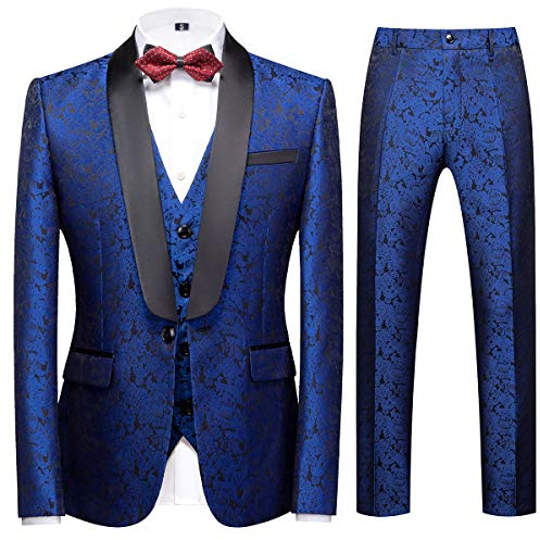 Sliktaa - Traje de 3 piezas para hombre, jacquard, clásico, con solapa de chal, revers, para bodas, negocios, con un botón, esmoquin casual, chaqueta, chaleco y pantalón, azul, XL