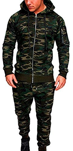 Jogging Survêtement Homme Casual Camo Cardigan Ensemble Zippé Sweat-Shirt à Capuche à Manche Longue Veste en Sweat et Pantalon de Sport Tenue de Sport Veste Décontractée+Pantalons Vert Camo 3XL