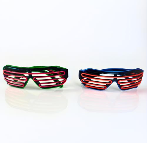 BLINXS 2er-Set EL-Wire/Neon-Brille/Leuchtbrille SHUTTER - leuchted bzw. blinkt in Blau- Rot und Grün-Pink für Party oder als Kostüm für Karneval, Fasching oder Halloween