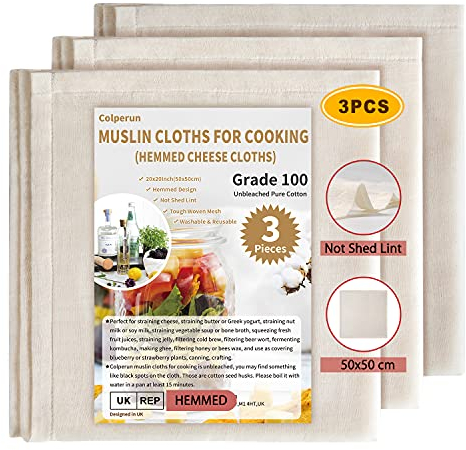 Etamine alimentaire Colperun - Lot de 3-50 x 50 cm - Coton non blanchi - Mousseline réutilisable pour confiture, beurre, jus - Grade 100