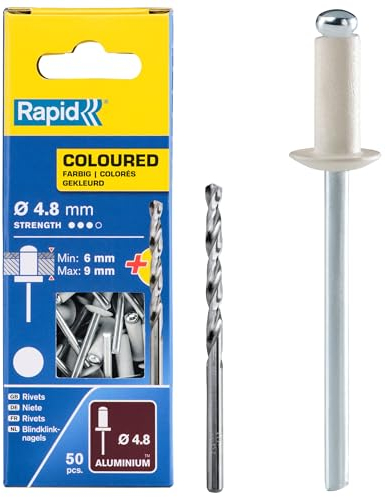 Rapid Remaches de Aluminio Blanco de Gran Resistencia, Ø4.8 x 12 mm - Remaches de 4 mm para Canalones, Tuberías y Chapa - Incluye Taladro - 50 Piezas (5001468)