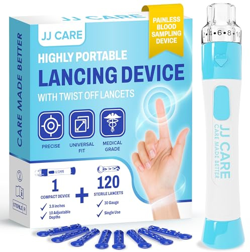 JJ CARE Lancing Device with 120 PCS Twist Off Lancets (30 gauge), 10 Adjustable Depth Settings, Lancing Device for Diabetes Testing with Push Button Ejector, Lancet Device for Blood Glucose Testing