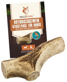 Wildfang® Rött hjorthorn med laxolja för hundar I naturliga hundar tuggben – hundar tandvård – tuggmuskel träning – hundleksak I hållbar tuggstav av hjorthorn avkastningsstänger – L