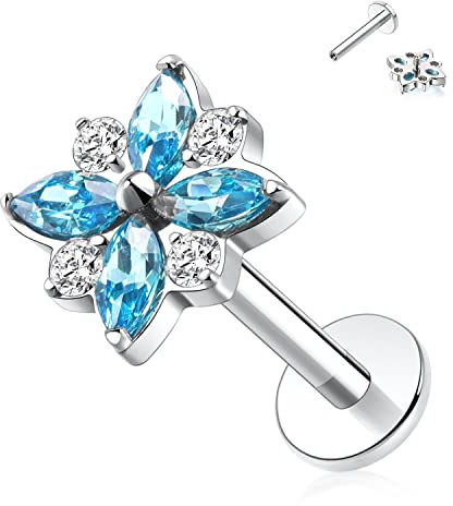 Labret Ohrstecker 16G Labret Schmuck Innengewinde Titan Flatback Ohrringe mit Blume CZ Lippenstecker Tragus Piercing Schmuck 10mm Monroe Medusa Helix Ohrstecker Lobe Knorpel Conch Ohrringe