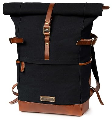 DRAKENSBERG Rolltop Rucksack 'Wyatt' aus Canvas und Leder mit Laptopfach - Vintage-Utility-Design für Damen, Herren, 20-30L - Schwarz, DR00186