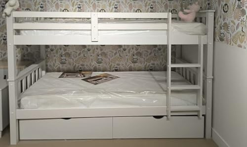 Genérico MUEBLESYA-Litera Convertible Dos Camas Blanco Lacado-Litera Doble Juvenil de Pino Macizo-litera 90 cm x 190 cm Blanca (con CAJONES Inferiores)