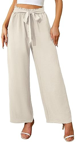 Actcat Pantalon d'été pour femme avec jambes larges, léger et élégant, taille élastique, pantalon d'été avec poches, adapté pour le travail décontracté, beige, XXL