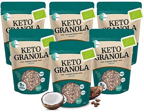Go-Keto BIO Keto Granola Coconut Cocoa 6x 290g - Keto Muesli para un delicioso desayuno keto, con chips de coco, nueces, frutas, semillas de girasol y de calabaza, vegano, sin gluten, sin lactosa