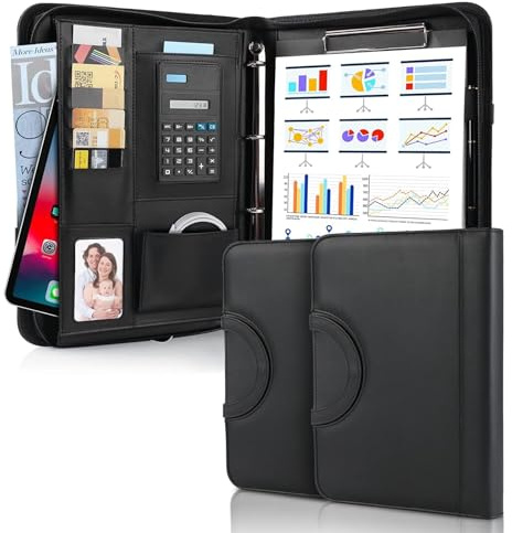 2PCS Schreibmappe A4, Konferenzmappe Leder, Dokumentenmappe mit Reißverschluss, Wasserdicht Aktenmappe mit Ringbuch Klemmbrett Notizblock, Portfolio Padfolio Mappe für Business Meeting, Schwarz