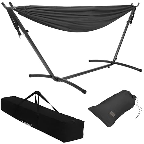 ML-Design Doppel Hängematte mit Stahlgestell, Dunkelgrau, Platz für 2 Personen, Indoor & Outdoor, XXL Hängesessel mit Tragetasche, Hängemattengestell, Doppelhängematte mit Ständer, für Garten & Balkon