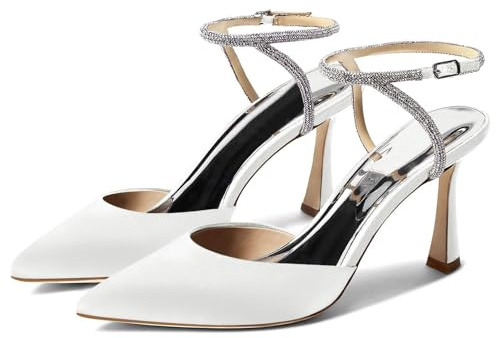 Coutgo Women Rhinestone Heels Kitten High Satin Pumps Pointed Toe Sparkly Sexy Wedding Dress Shoes White