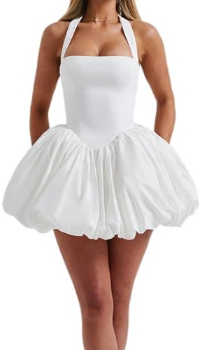 Women Fashion Cocktail Mini Dress Solid Halter Neck Bubble Dress Tie Up A Line Dress Sexy Corset Club Dresses (White, M)