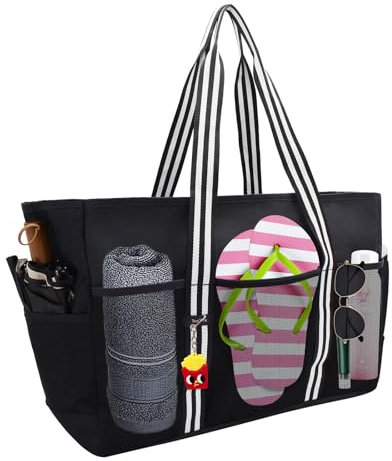 35L Strandtasche XXL Groß Mesh Beach Bag mit Reißverschluss Badetasche Damen Wasserdicht für Strand Reisen Einkaufen Sport Schwarz