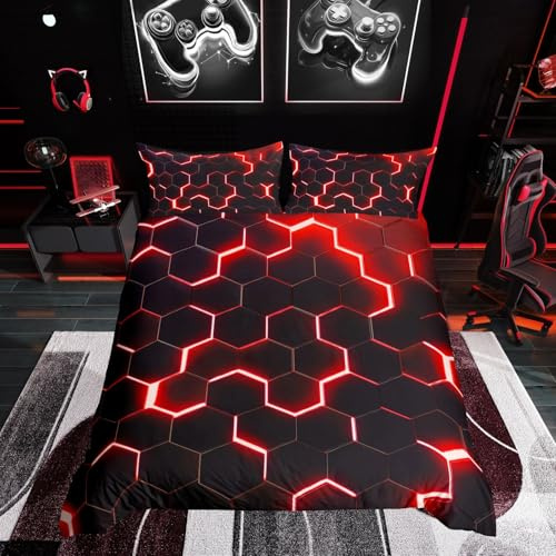 Homewish Modern Geometric Duvet Cover for Teenagers, Boys' Honeycomb Neon Bedding Set, 220 x 240 cm, Microfibre Duvet Cover Sets with 2 Pillowcases 65 x 65 cm (Red Black)