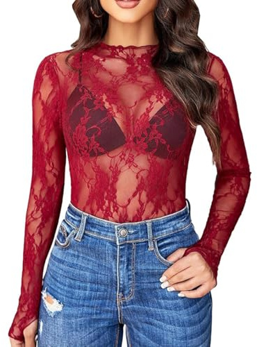 Sexy Lace Top Women's Long Sleeve Top Lace Women Long Sleeve Sheer Mesh Sheer Mesh Blouse Transparent Shirt Women's Crop Tops See Throgh Tops for Women (UK, Alpha, L, Regular, Regular, Burgundy)
