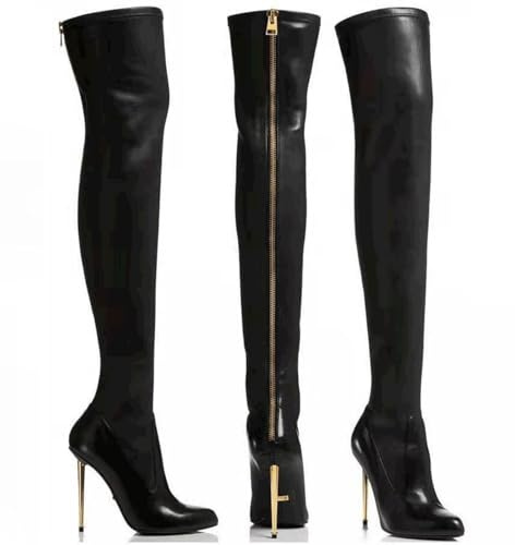 Noir,46,Bottes Cuissardes à Talons Aiguilles pour Femmes, Bottes Hautes Sexy à Talons Aiguilles Pointus et Fermeture éclair à l'arrière, Bottes Cuissardes Oversize en PU