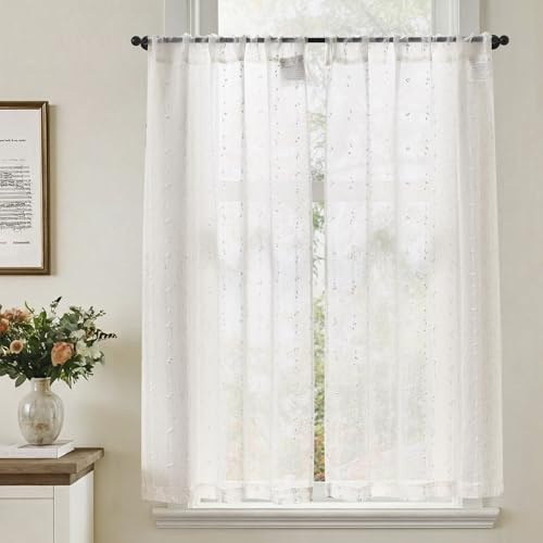 TOPICK Skivgardiner uppsättning av 2 bistrogardiner med prickar linne lantlig stil boho kort gardin halvtransparent, H 115 x B 65 (cm) linneutseende gardiner med dragsko köksgardin vardagsrum vit