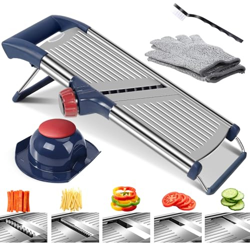 Masthome Mandoline Slicer 5-in-1, Multi-Level Thickness Adjustment | Food-Safe Stainless Steel, Non Slip Base, Dishwasher Safe, Cut Resistant Gloves & Food Pusher, for Kitchen Vegetable Fruit