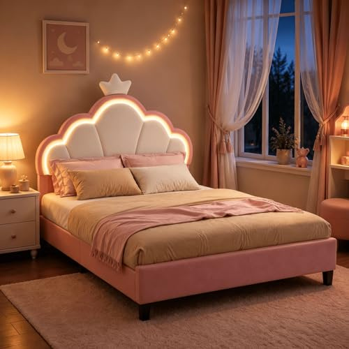 HYNHXBP Single Pink Princess Bed Frame for Girls, 3FT Kids Upholstered Bed with Cloud Shaped RGB LED Headboard, Height Adjustable Headboard, Wooden Slats, Children’s Bedroom Furniture, 90 x 190 cm