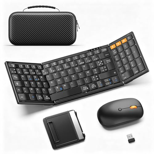 MoKo Set Tastiera e Mouse Wireless Pieghevoli, Tastiera Bluetooth AZERTY Portatile con Tastierino Numerico, 2.4G + Dual BT 5.0, Tastiera Portatile Ricaricabile USB-C per Tablet/Smartphone/PC