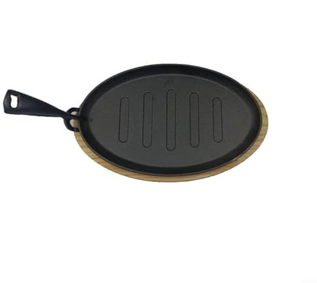 Juego de 3 platos ovalados de hierro fundido con base de madera, sartén Teppanyaki resistente para barbacoa de gas y estufas de inducción, juego de platos negros chisporroteantes con tenedores de 27,7