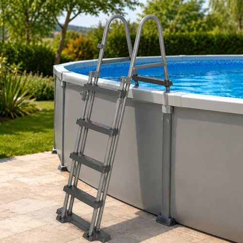 Koem Scala di Sicurezza per Piscina Fuori Terra, con Sistema Flip e Lock, Telaio in Metallo, Gradini in Plastica Rinforzata (132 CM)