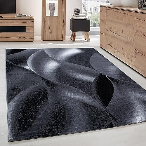 Carpettex Teppich Wohnzimmer Kurzflor 160 x 230 cm Schwarz Modern Abstrakt Wellen Design -Teppich Schlafzimmer Flauschig Weich Waschbar Küchenteppich Teppich Esszimmer Kinderzimmer Wohnzimmerteppich