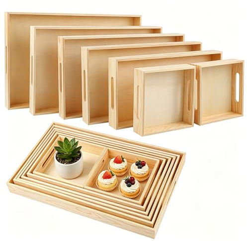 Aodaer 7 Pieces Wooden Trays, Wooden Nested Serving Trays, Rectangular Shape Serving Tray with Handles for Kitchen Party Dinner Snacks