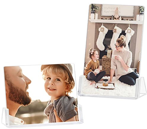 Boxalls 2 Pack Acrylic Picture Frames 6x8 with Clear Base Stand, Frameless Photo Frame for Tabletop or Desktop Display (Horizontal + Vertical)