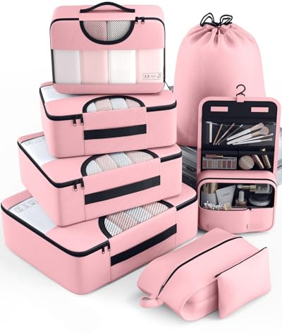 Veken 8 Set Packing Cubes for Travel Essentials, Pink Suitcase Organizer Bags in 4 Sizes, Carry-On Luggage Accessories with Large Laundry & Hanging Toiletry Bag, Must-Have for Airplane, Road Trip