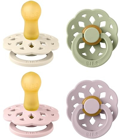 BIBS Boheme Schnuller 4er-Pack. BPA-frei, Kirschform Nippel. Naturkautschuk/Latex, Hergestellt in Dänemark. Größe 1/2, (0-6 Monate/6-18 Monate), (4er Pack), Dusky Lilac Mix