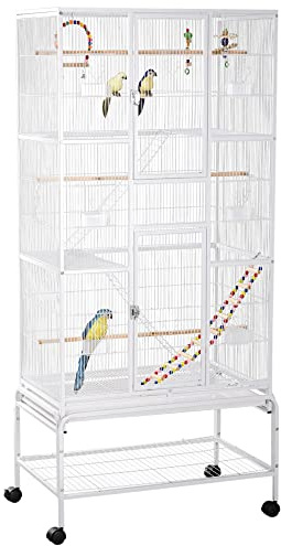 PawHut Large Bird Cage Budgie Cage 3 Tier Aviary with Stand Wheels, Toys, Ladders, Shelf for Canaries, Finches, Cockatiels, Parakeets - White