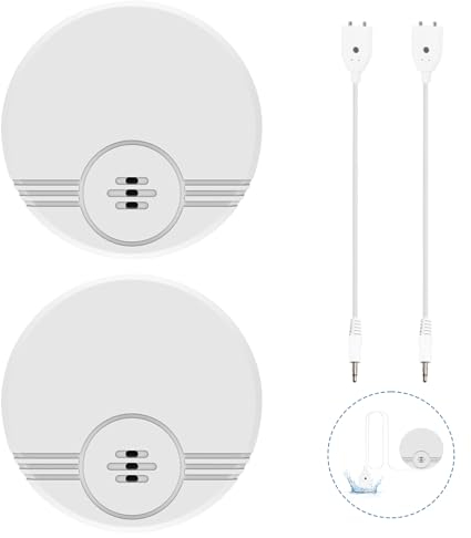 Cuteefun Detector Fugas de Agua, Alarma Sensor de Agua de 2 Paquetes con Cable de 100cm, Detector de Inundación de 130dB, Montaje en Suelo y Pared, Funciona con Batería, para Sótano, Baño, Cocina