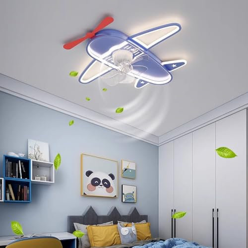 PZAOJAU Ventilador de techo giratorio 360 con control remoto para niños, montaje empotrado, ventilador de techo, luz azul, rosa, avión, ventilador LED regulable, luz de techo para niñas, niños, dormit