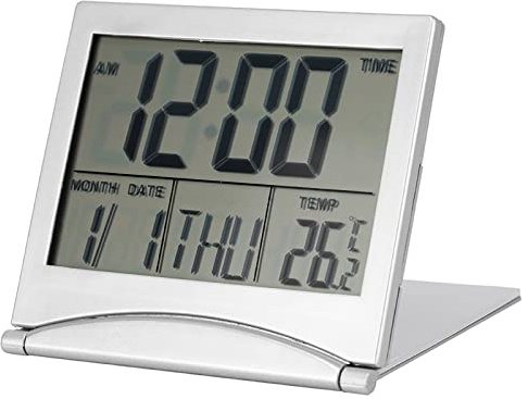 Sahgsa Digital Travel Alarm Clock - Foldable Calendar, Temperature Timer, LCD Clock with Snooze Mode - Large Number Display, Battery Operated - Compact Table Clock All