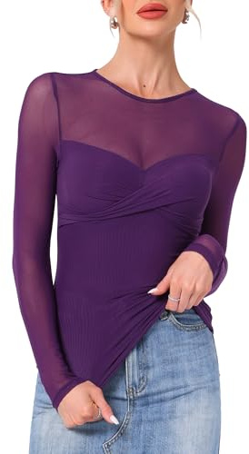 Allegra K Mujer Camisetas Sensual de Malla Transparente de Manga Larga Cuello Redondo de Doble Capa para Salir Fiestas y Clubes Morado Oscuro M
