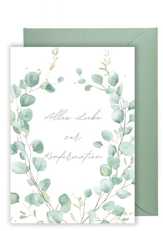 WBdesignz Carte de vœux de confirmation - « Alles Liebe zur Konfirmation » - Carte pliante avec enveloppe au design moderne eucalyptus - Carte de vœux évangélique pour garçon et fille (format A6)