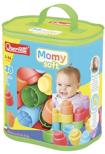 Quercetti Momy Soft Bag, Costruzioni Bambini 6-36 Mesi, 28 Pezzi Blocchi Morbidi Colorati, Giochi Prima Infanzia per Motricità e Coordinazione Oculo-Manuale