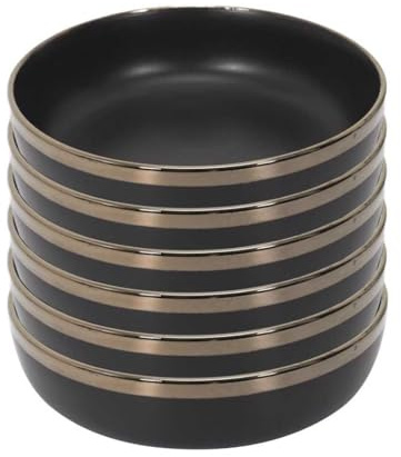 AltoBuy Set de 6 Assiettes Creuses Noires en céramique avec liseré doré (Ø18cm)