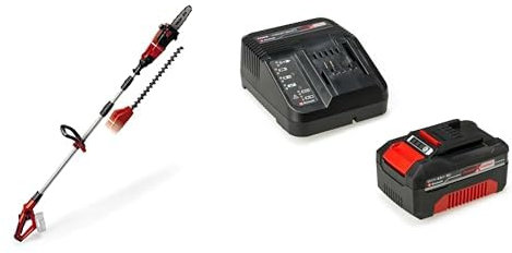 Einhell GE-HC 18 Li T-Solo -Pack con herramienta multifuncional sin cable, motosierra y cortasetos, mango telescópico + 4512042 Kit con Cargador y batería de repuest, tiempo de carga: 60 Minutos