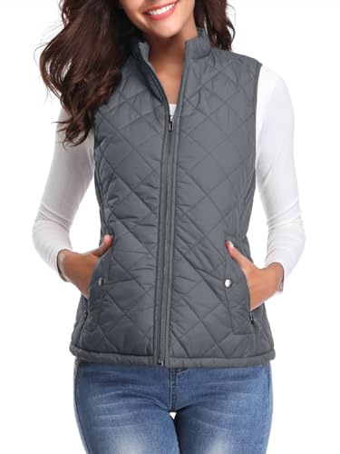 fuinloth Damen Weste, Herbst Leichte Steppweste Westen Ärmellos Jacke Kurz Vest Gilet Dunkelgrau L