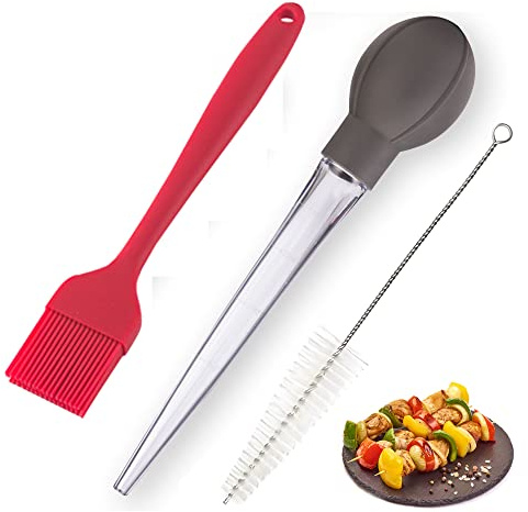 Turkey Baster Food Grade Quality Bulb comes with 1 bigger size Basting Brush and 1 Cleaning Brush, for Cooking Basting with Detachable Round Bulb -Butter Drippings, Glazes, Roasting Juices for Poultry