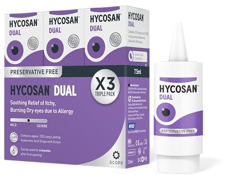 Hycosan Dual Triple Pack - Double Action Eye Drops with Hyaluronic Acid and Ectoin for Soothing Relief of Itchy, Burning or Dry Eyes Due to Allergens - Preservative Free - 3x225 Measured Doses