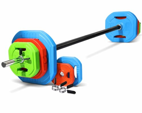 FK Sports Adjustable Barbell Weights Set, 20kg Complete Studio Pump Set, Multicolor Cast Iron & Rubber Barbell Weights for Home, Strength Training Equipment for Full Body Workout