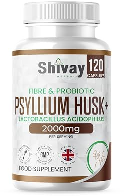 Psyllium Husk Fibre Capsules with Probiotic | 2000mg Psyllium + Lactobacillus Acidophilus Per Serving | 120 Vegan Capsules | Probiotics & Natural Soluble Fibre Supplement Made in the UK Shivay Herbals
