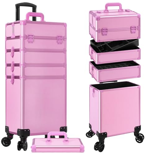 JINGUAN Profesional Rolling Makeup Train Case with Lid, 5 in 1 Cosmetology Case on Wheels, Large Cosmetic Trolley Organizer Travel for Hairstylist Artist Nail Beauty Salon Barber, Pink